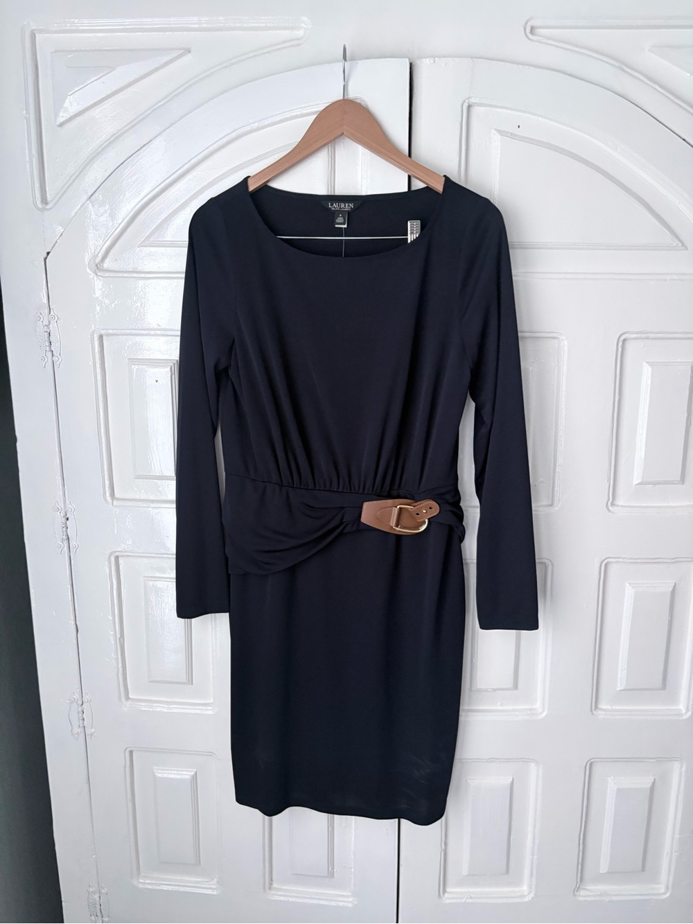 Ralph Lauren Black Long-Sleeve leather Belted Sheath Dress- NWT